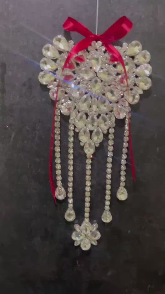 Luxury Crystal Heart Ornament with Cascading Rhinestones | Elegant Glam Wall Hanging | Year-Round Bling Decor | Holiday Sparkle