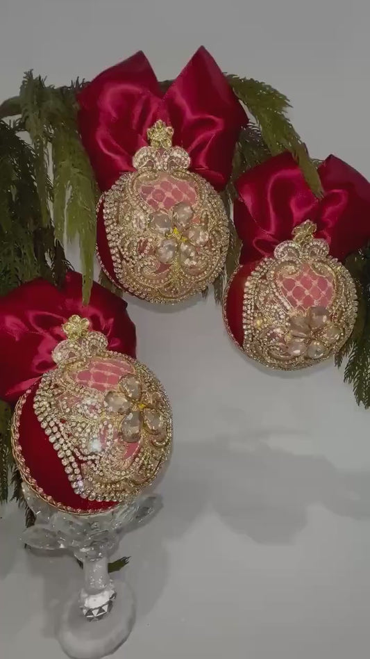 Handmade Red Velvet Christmas Ornament: Gold Lace & Rhinestone Bauble